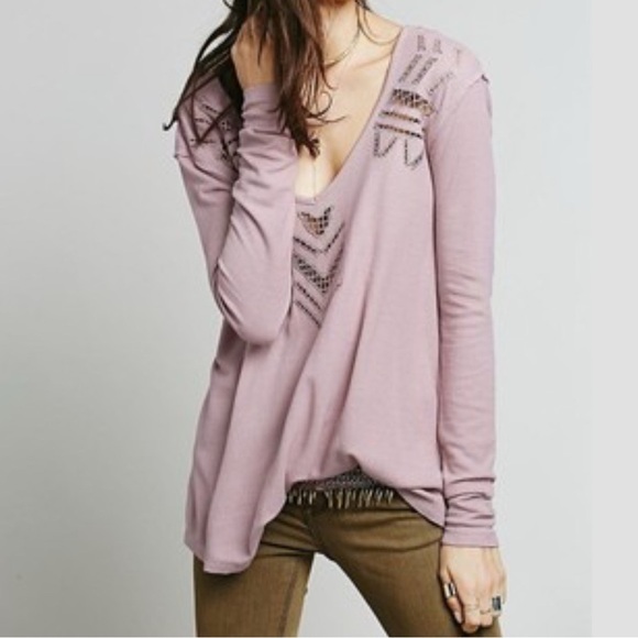 Free People - We The Free Plum Moonrise Cutwork Thermal V Neck Blouse Size Small - Picture 1 of 13